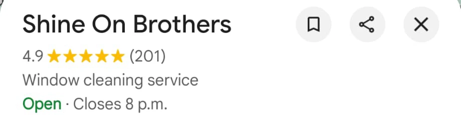 Shine On Brothers actual Google profile: 4.9 stars, 201 reviews